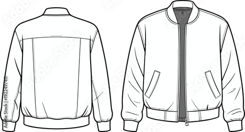 Bomber jacket technical flat sketch with ribbed collar zipper front and front back views