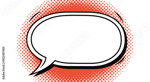 Single blank oval-shaped speech bubble in a classic comic book style set against an orange and red halftone dot circular background for messages.