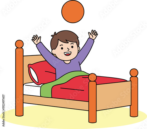 Happy Child Waking Up and Stretching on Bed Morning Routine Healthy Sleep Habit Kids Daily Activity Bedroom Lifestyle Vector Illustration