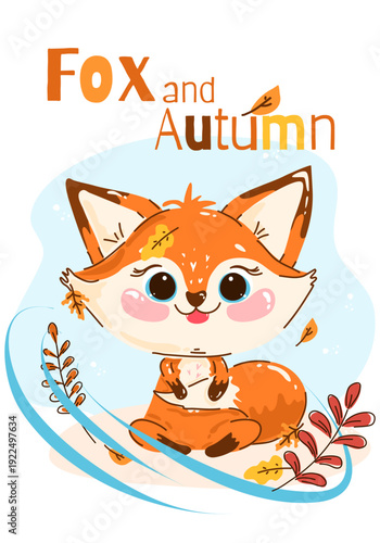 Cute cartoon fox with autumn leaves and lettering Fox and Autumn. Adorable forest baby sitting with colorful foliage on soft background. Perfect for nursery print, poster, card and kids decor.