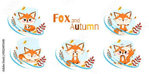 Set of cute fox emotions for autumn theme: sleeping, scared, surprised and relaxed poses with falling leaves. Adorable woodland baby in different moods, perfect for nursery prints and stickers.