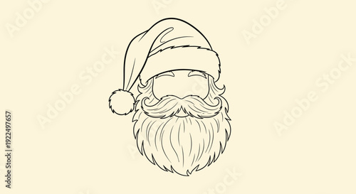 Line art drawing of Santa Claus face with a fluffy beard and holiday hat without including specific facial features.