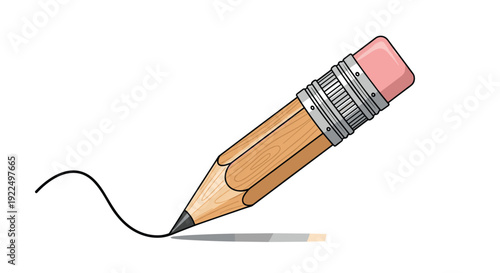 Cartoon illustration of a wooden lead pencil drawing a smooth wavy black line on a plain white background surface.
