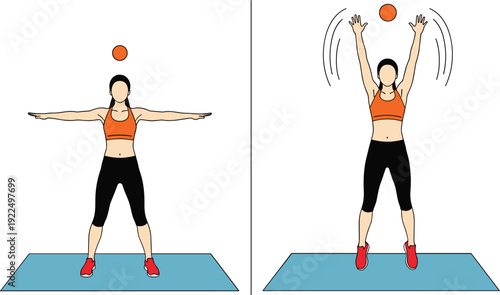 Female Athlete Performing Medicine Ball Jumping Jack Exercise on Fitness Mat Step by Step Home Workout Training Routine Vector Illustration for Health and Gym Practice
