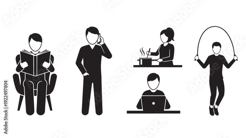 Collection of everyday activities icons: reading, talking on phone, cooking, using laptop, and skipping rope.