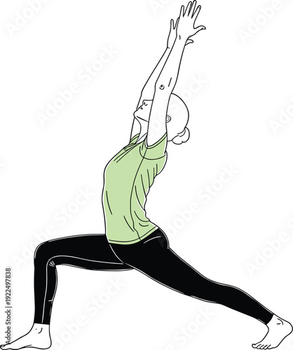 Woman Performing High Lunge Yoga Pose with Raised Arms for Flexibility Stretching Balance and Strength Training Home Workout Wellness Fitness Vector Illustration