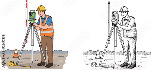 Professional Land Surveyor Using Theodolite Total Station on Tripod at Construction Site Flat Vector Illustration and Hand Drawn Industrial Sketch