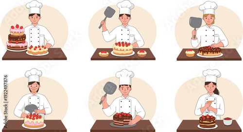 Professional pastry chefs vector illustration showing men and women decorating cakes, baking desserts, preparing sweets, and showcasing creative culinary art skills