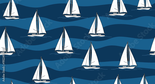 Seamless pattern of white sailboats sailing on a dark blue ocean with stylized light and dark blue wavy lines.