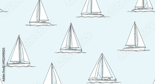 Seamless pattern of minimalist white sailboat sketches floating on a very light blue watery ocean background scene.