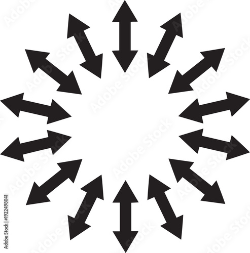 Black arrows pointing outwards in a circular pattern on white background direction