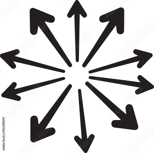 Black arrows radiating outwards from a central point on a white background direction spread