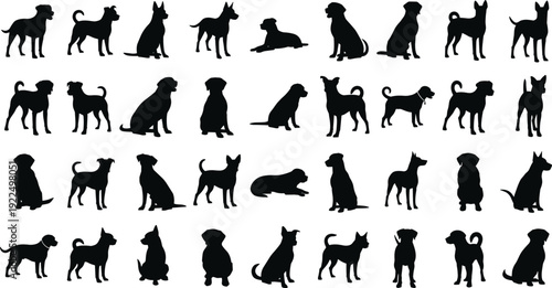 Black dog silhouette collection featuring diverse breeds and postures including standing, sitting, and lying down poses, perfect for design, education, and creative illustration projects