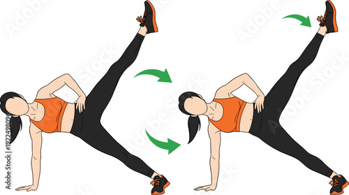 Woman Performing Side Plank Leg Raise Exercise Step by Step for Core Strength Balance Stability Home Workout Fitness Training Routine Vector Illustration