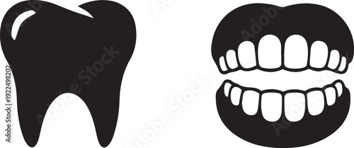 Black silhouette of a single tooth and a set of teeth in a mouth shape dental dentistry