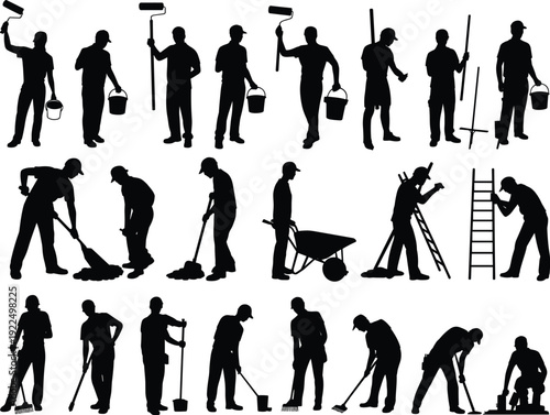 Construction and painting worker silhouettes set, builders with roller ladder wheelbarrow isolated black shadow figures collection