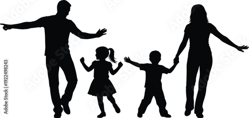 Black silhouettes of happy family with father mother and two children dancing together isolated on white background for lifestyle and parenting design