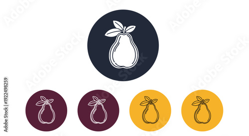 Icon of a pear silhouette inside a circle with four colored variants shown in dark purple and golden yellow colors.