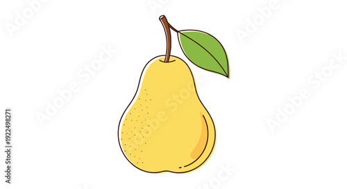 Simple color illustration of a ripe yellow pear with a short brown stem and one single green leaf attached to it.
