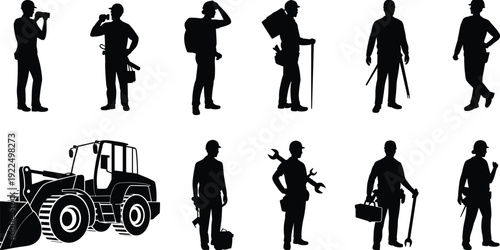 Construction worker and heavy equipment silhouettes set, builders with tools isolated black shadow figures collection