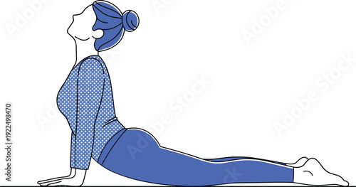 Woman Performing Upward Facing Dog Yoga Pose for Spine Stretch Flexibility Posture Improvement Home Workout Wellness Fitness Training Vector Illustration