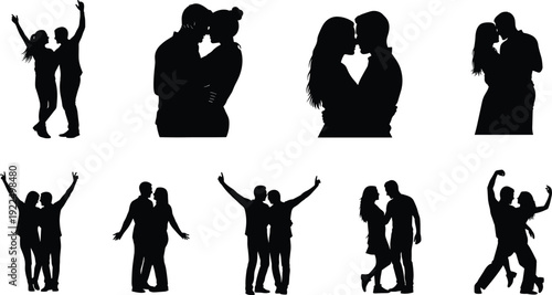 Collection of romantic couple silhouettes in various poses including dancing, hugging, and celebrating together for wedding, anniversary, and Valentine designs.
