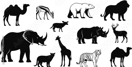 Black silhouette collection of wild animals featuring elephant lion tiger giraffe and rhino icons, isolated safari and zoo wildlife vector illustrations for nature design projects.