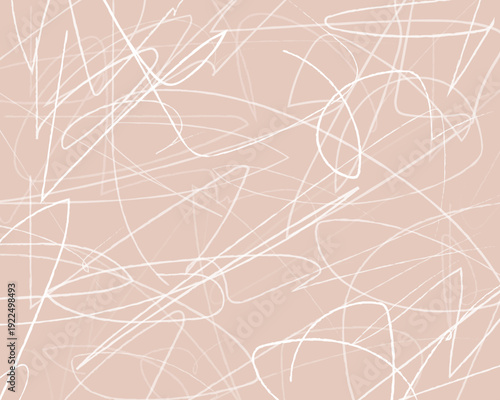 Abstract neutral beige background with white hand-drawn scribble lines and messy doodle art. Modern minimalist artistic pattern with organic pencil strokes for creative brand identity