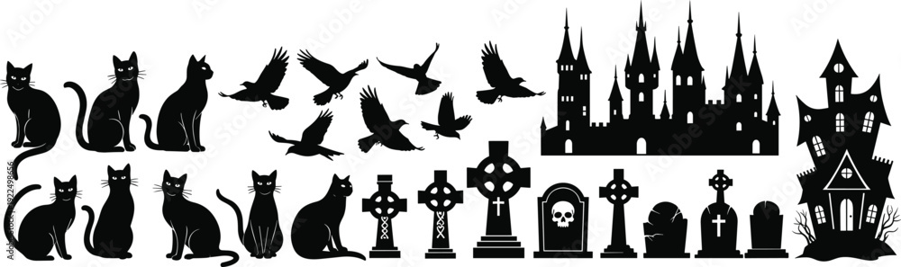 Fototapeta premium Halloween black silhouette illustrations featuring haunted castle, spooky house, black cats, flying crows, gravestones, eerie crosses