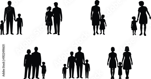 Family silhouettes, parent and child illustration, diverse household art, demographic study design, family unit concept, relationship representation