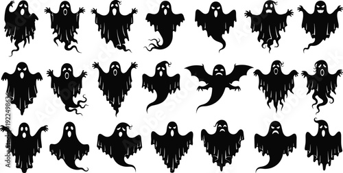 Collection of spooky black ghost silhouette vector illustrations featuring diverse shapes, wings, facial expressions, and eerie designs, perfect for Halloween, decorations
