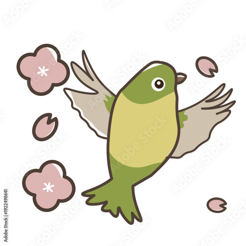 桜と羽ばたくメジロ。春の素材。動物。ベクターイラスト