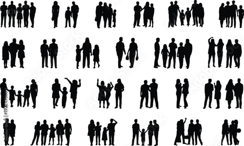 Family and people group silhouettes, diverse parents children and adults standing together for community concept design