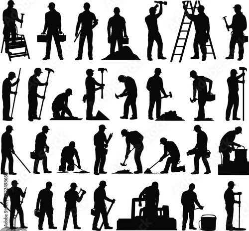 Construction worker silhouettes mega set, builders with ladder tools digging isolated black shadow figures collection