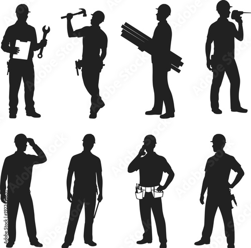 Silhouette construction workers with tools, equipment, and hard hats performing diverse tasks including hammering, lifting, communicating, planning, and supervising