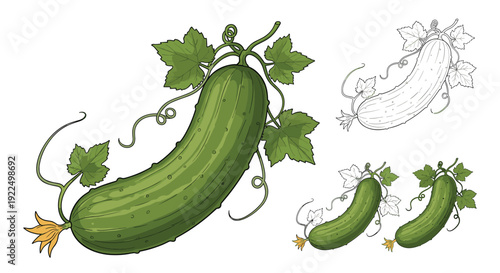 Green cucumber illustration showing the whole vegetable with leaves and vines along with monochrome and small colored versions.