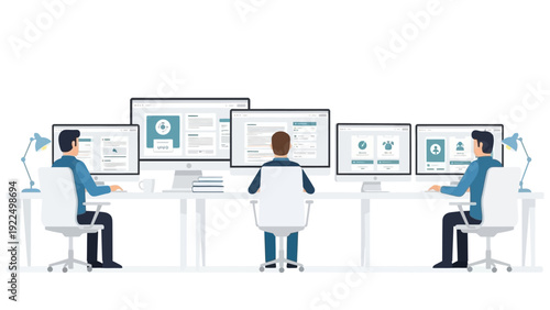 Team of people working together in a modern office with multiple computer screens and monitors.