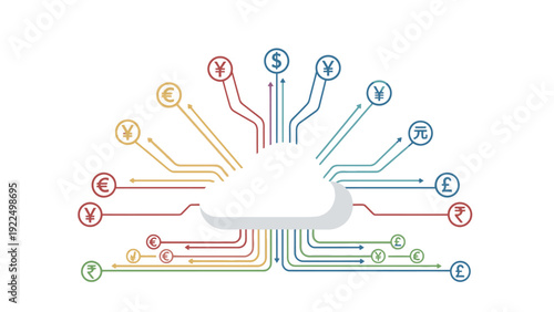 Illustration of a white cloud with colorful lines and currency symbols radiating from it on a white background with a modern and technological feel.