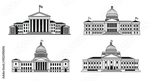 Four detailed line drawings of grand neoclassical government buildings with columns, domes, and national flags.