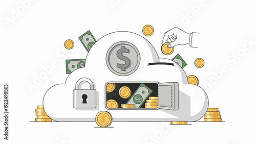 Illustration of a cloud storage concept with a safe, padlock, and scattered coins and bills on a white background.