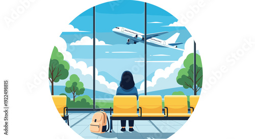 Passenger at an airport terminal watching a plane take off through a large window with trees and clouds in a circular frame.