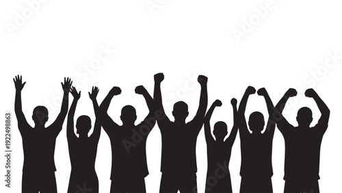 Diverse group of people celebrating with raised arms, expressing joy and achievement in a unified manner.