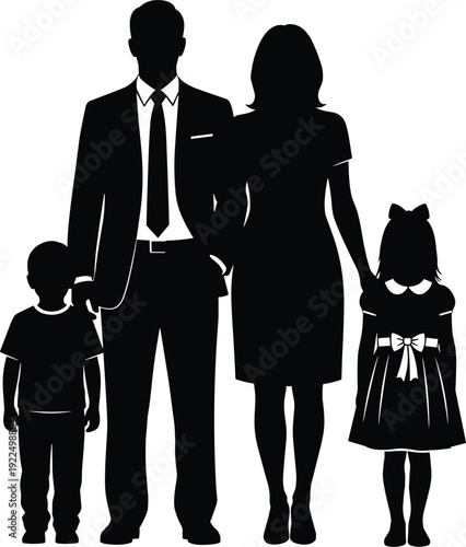 Happy family silhouette with father mother son and daughter standing together for parenting childhood and domestic life conceptual designs.