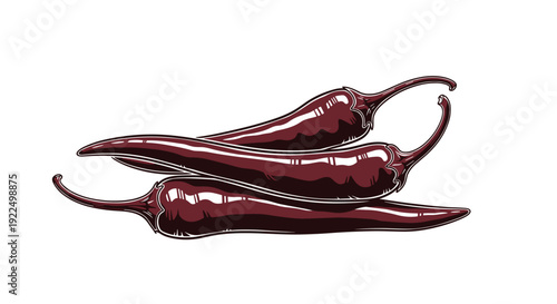 Detailed illustration of dark red chili peppers shown as a group for hot spices, flavorings, and culinary ingredient themes.