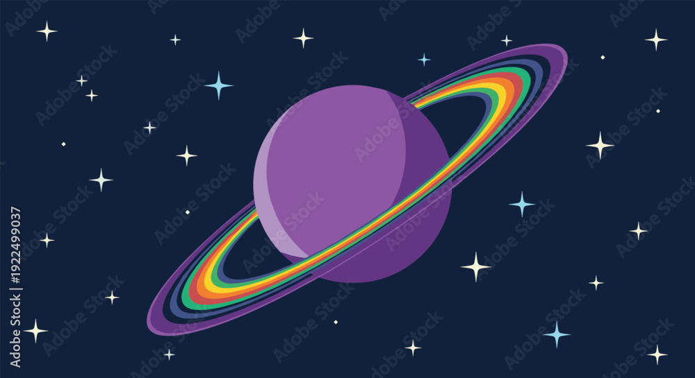 Fototapeta premium Colorful planet with rainbow rings surrounded by bright stars in a deep blue space for astronomical and cosmic themed designs.