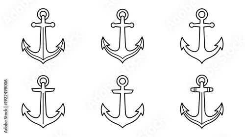 anchor, 6 black delicate line drawings vector set collection , white background , PNG and SVG