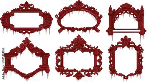 Ornate Gothic Red Frame Set Featuring Vintage Baroque Borders with Melancholy Blood Drip Effects for Halloween Horror and Antique Decorative Projects