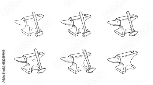 anvil and hammer, 6 black delicate line drawings vector set collection , white background , PNG and SVG