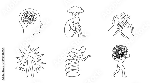anxiety stress, 6 black delicate line drawings vector set collection , white background , PNG and SVG