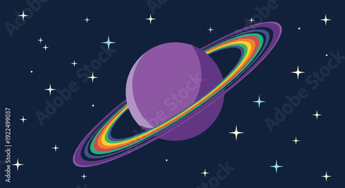 Colorful planet with rainbow rings surrounded by bright stars in a deep blue space for astronomical and cosmic themed designs.